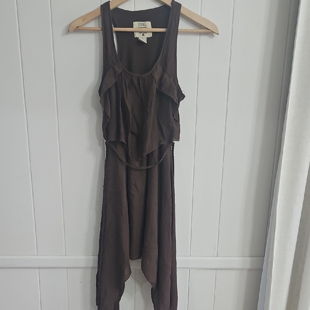 Y2K D&C Brown Handkerchief Hem Dress Boho Flowy Tie Waist Size S